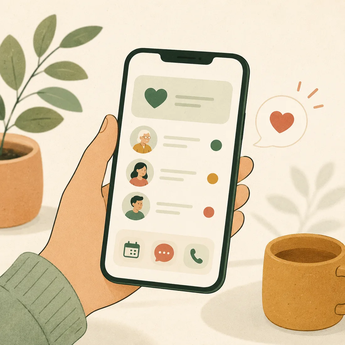 A hand logging a care check-in on a phone