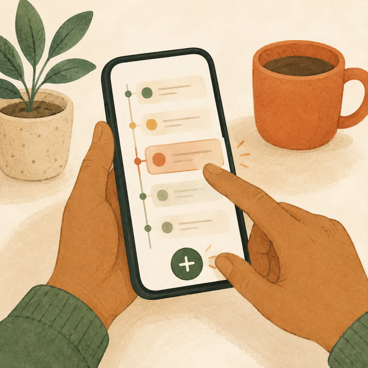 A phone showing a shared care timeline with an owner adding a new concern.