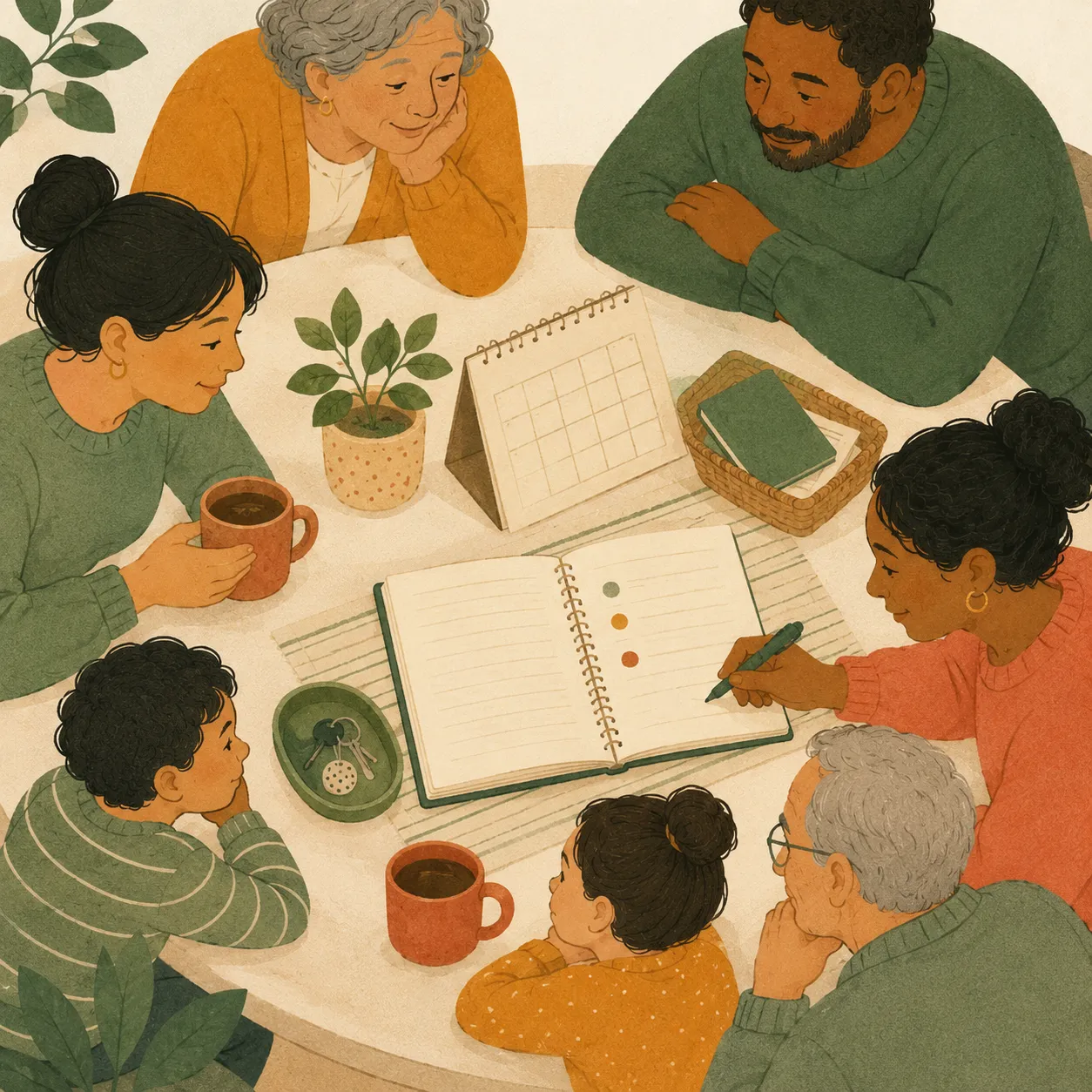 A whole care circle of family and helpers gathered around one shared planner.
