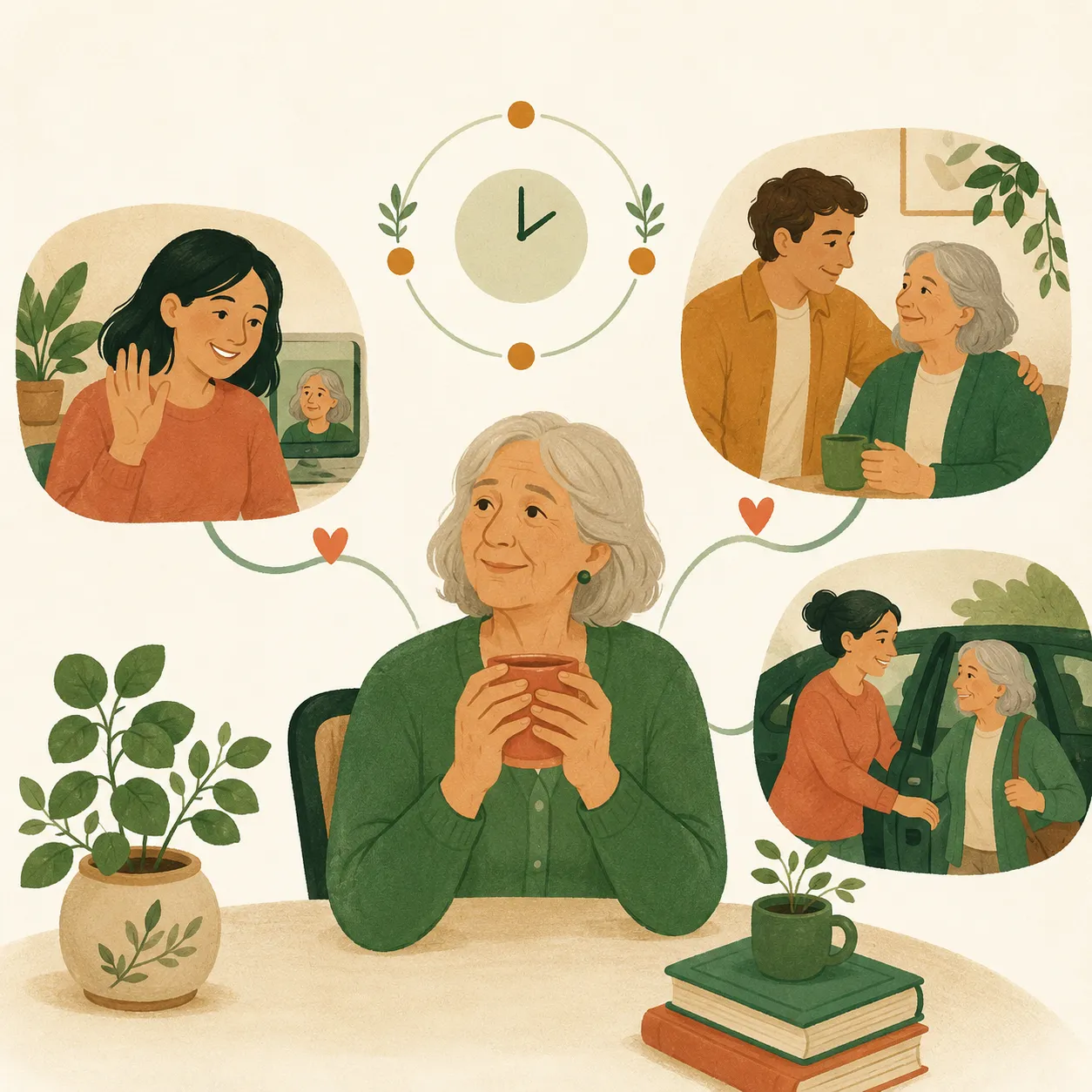 A steady weekly rhythm of calls, a visit, and a ride all reaching one older parent.